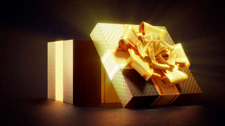 opened gold - black present box for black friday giveaway - abstract 3D renderingの写真素材