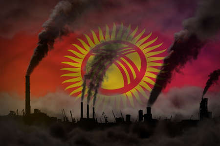 Global warming concept - heavy smoke from industry chimneys on Kyrgyzstan flag background with place  - industrial 3D illustrationの写真素材