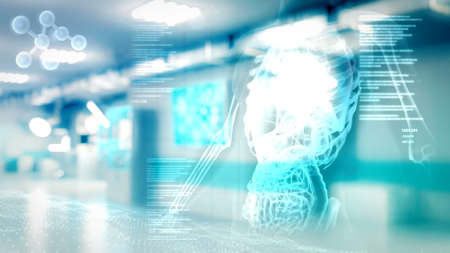 pretty abstract high tech clinic room with cg overlays, cgi abstract 3D illustrationの写真素材