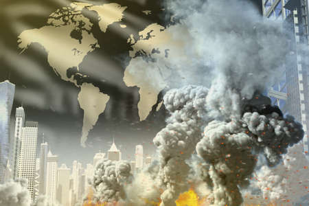 big smoke column with fire in the modern city - concept of industrial catastrophe or terrorist act on World flag background, industrial 3D illustrationの写真素材