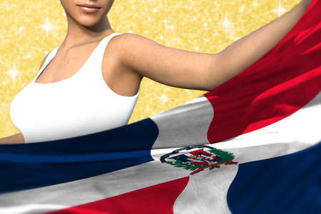 cute woman is holding Dominican Republic flag in front of her on the orange shining sparks background - flag concept 3d illustrationの写真素材