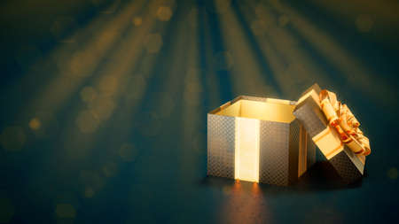 goldish and black opened gift box on blue - abstract 3D renderingの写真素材