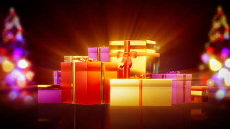 christmas pine and set of gifts - holiday concept - abstract 3D renderingの写真素材