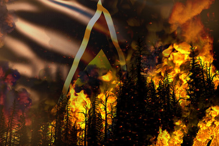 Big forest fire fight concept, natural disaster - infernal fire in the trees on Saint Lucia flag background - 3D illustration of natureの写真素材