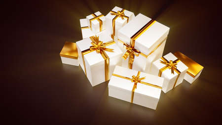 lighting many gifts on dark background - object 3D illustration