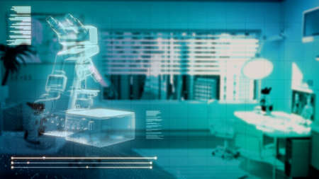 hi-tech hospital room with digital overlays and laboratory microscope - digital abstract 3D illustrationの写真素材