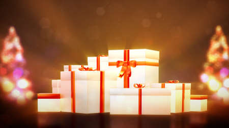 new year pine and surprise present boxes pile - holiday concept - abstract 3D illustrationの写真素材