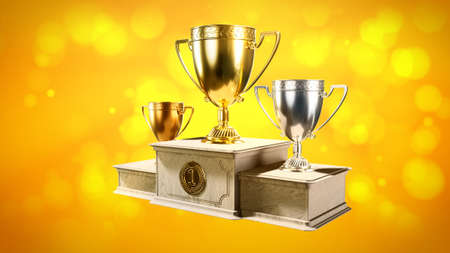 award cup on pedestal on soft focus backdrop - object 3D illustrationの写真素材