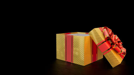 opened beautified goldish and red gift box on black, isolated - object 3D illustration