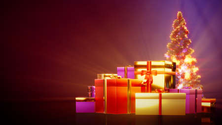 new year pine and pile of surprise presents - holiday concept - abstract 3D renderingの写真素材