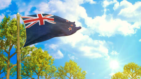 flag of New Zealand at sunny day, sunny forecast symbol - nature 3D rendering