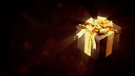 lighting golden - black decorated present on black - abstract 3D illustrationの写真素材
