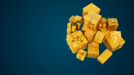 gold pile of gifts for new year with empty space - industrial 3D renderingの写真素材