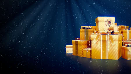 gold pile of presents with snow and empty place - object 3D renderingの写真素材