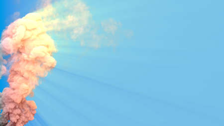 carbon smoke from forest fire on blue sky with sun rays - abstract 3D illustrationの写真素材