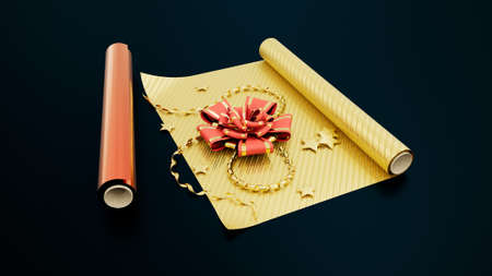 festal gift wrapping paper on dark bg - object 3D renderingの写真素材