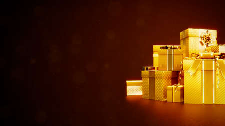 gold surprise gift boxes pile for xmas with free place - industrial 3D illustrationの写真素材