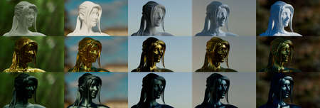 sculpture of gyps, gold and iron in different environments - object 3D illustrationの写真素材