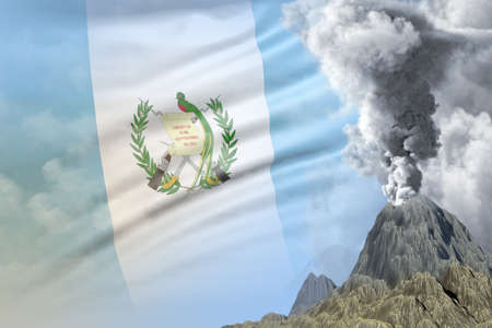 conical volcano blast eruption at day time with white smoke on Guatemala flag background, suffer from disaster and volcanic earthquake conceptual 3D illustration of natureの写真素材