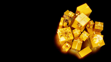 golden pile of surprise gift boxes for xmas or cyber monday sale, isolated - object 3D illustrationの写真素材
