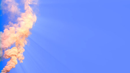 co2 emissions smoke from power station on blue sky with sun beams - abstract 3D rendering