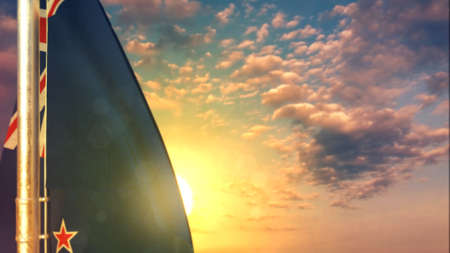 Oman flag is hanging on sunset sky for independence day - defocused - object 3D illustrationの写真素材