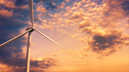 ecologic wind turbine generator on sunrise sky bg, fictitious - industrial 3D renderingの写真素材