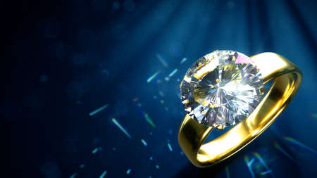 diamond wedding ring on dark colorful backdrop with empty space - abstract 3D renderingの写真素材
