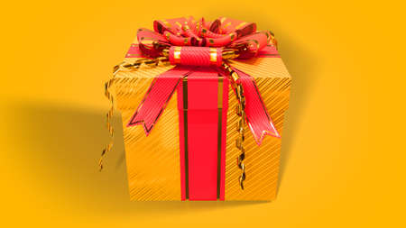 beautified golden - red gift box on orange backdrop, isolated - object 3D illustration