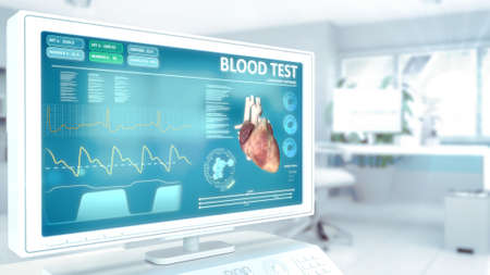 blood test on monitor in hi-tech clinic room - cgi industrial 3D rendering