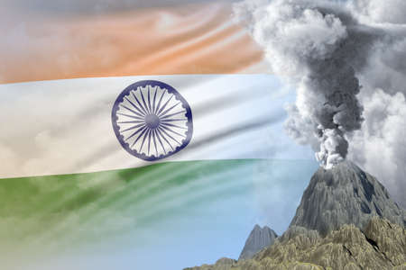 volcano blast eruption at day time with white smoke on India flag background, suffer from natural...