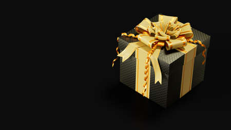 gold - black decorated surprise gift box on black, isolated - object 3D rendering