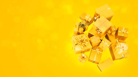 gold pile of gift boxes for christmas with free place - industrial 3D renderingの写真素材
