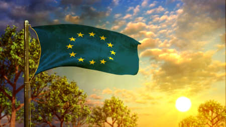 waving flag of European Union at sunset for national celebration - abstract 3D illustrationの写真素材