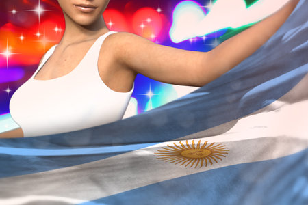 sexy woman is holding Argentina flag in front of her on the party lights - flag concept 3d illustrationの写真素材