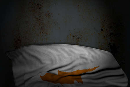 beautiful dark picture of Cyprus flag with big folds on rusty metal with free place for your text - any holiday flag 3d illustrationの写真素材