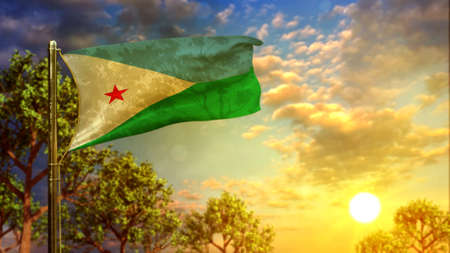 waving flag of Djibouti at sunset for veterans day - abstract 3D rendering