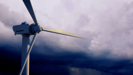 ecological wind turbine generator on massive clouds bg, fictitious - industrial 3D renderingの写真素材
