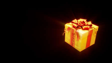 glowing decorated gold and red giftbox on black, isolated - object 3D renderingの写真素材