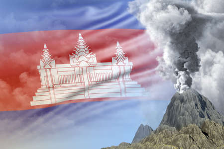 big volcano blast eruption at day time with white smoke on Cambodia flag background, suffer from eruption and volcanic ash conceptual 3D illustration of natureの写真素材