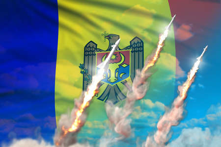 Modern strategic rocket forces concept on blue sky background, Moldova ballistic missile attack - military industrial 3D illustration, nuke with flagの写真素材