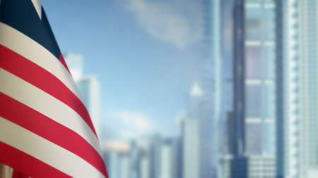 flag of Liberia on modern city buildings bokeh bg for state holiday - abstract 3D renderingの写真素材