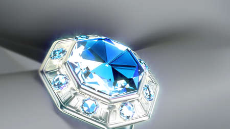 jewelry backdrop, silver or white gold ring with blue diamond or topaz stones - abstract 3D illustrationの写真素材