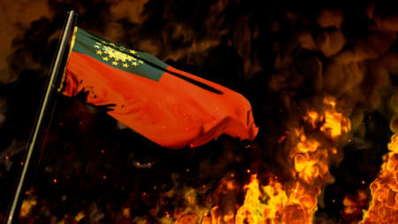 flag of Myanmar on burning fire bg - hard times concept - abstract 3D illustrationの写真素材