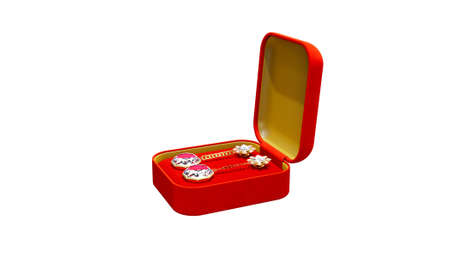 Red and gold opened jewelery present with diamond eardrops on white, isolated, fictitious - object...
