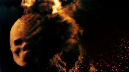 Burning orange skull with fire flames background with empty space - war concept - abstract 3D...