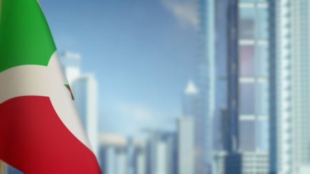 flag of Burundi on modern city buildings bokeh bg for independence day - abstract 3D renderingの写真素材
