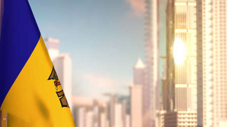 flag of Moldova on city skyscrapers buildings vanilla sundown bg for national celebration - abstract 3D illustrationの写真素材