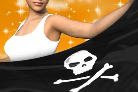 pretty woman is holding Pirate flag in front of her on the orange colorful clouds - flag concept 3d illustrationの写真素材