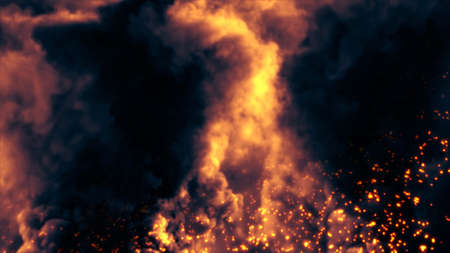 Dark black and orange war or battle actions backdrop with smoke and fire - abstract 3D rendering